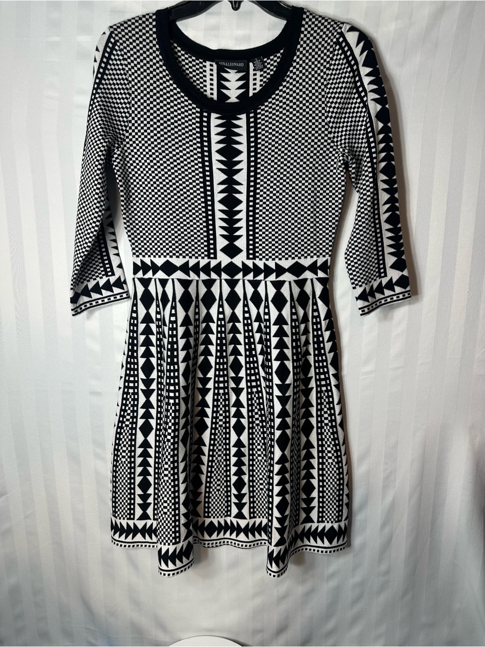 Nina Leonard Black and White Geometric Midi Dress